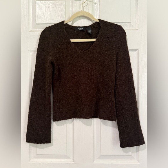 Express Stretch Chocolate V-Neck Sweater Wool Blend Bell Sleeves SZ Small - Picture 1 of 9